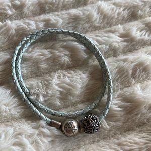Pandora light blue and sterling leather braided bracelet